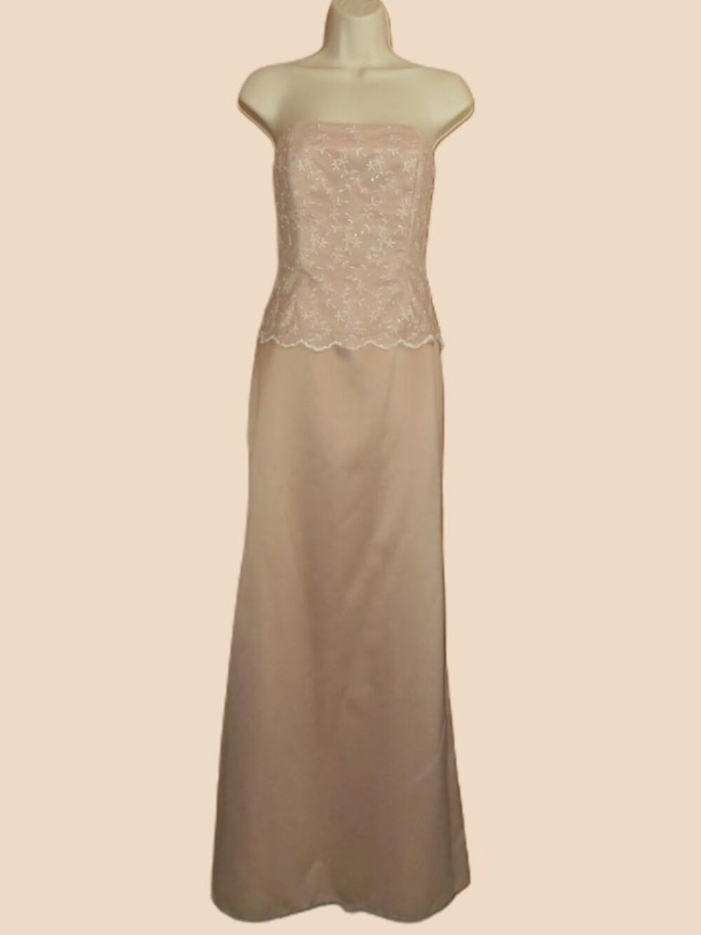 Scott McClintock Pink/ Taupe Maxi Dress Lace Bodice Overlay Satin Skirt 8